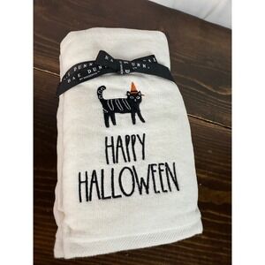 Rae Dunn Happy Halloween Black Cat Kitchen Towel Set Embroidered New